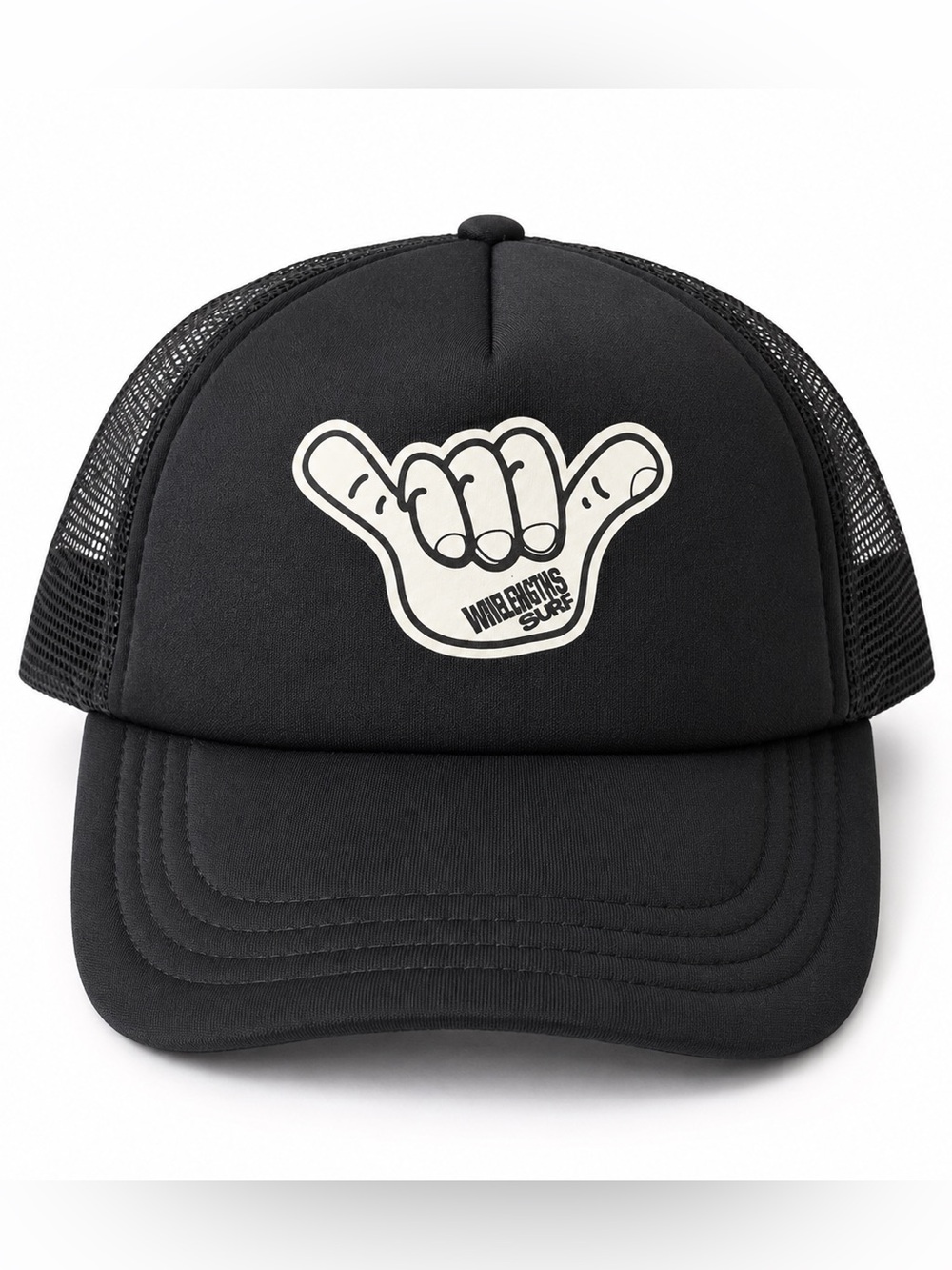 Wavelengths Surf Boys Black Trucker Hat with Shaka Hand Patch